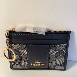 Coach Midnight Navy Blue Signature Jacquard & Leather Mini Skinny Id Case NWT